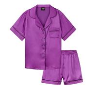 CityComfort Pijama Niña Verano Pijamas Adolescentes Conjunto 2 Piezas Pijama Saten Corto Manga Corta con Botones Ropa de Casa Regalo Niña (11-12 Años, Morado)