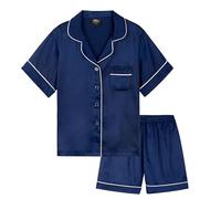 CityComfort Pijama Niña Verano Pijamas Adolescentes Conjunto 2 Piezas Pijama Saten Corto Manga Corta con Botones Ropa de Casa Regalo Niña (15-16 Años, Azul Marino)