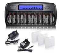 CITYORK Cargador Inteligente LCD de 12 bahías con protección IC integrada, para batería AA/AAA NI-MH/NI-CD - con Adaptador de Pared de CA [Carga rápida de 12 V 2 A], con Juegos de batería AA