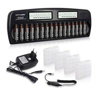 CITYORK Cargador rápido de batería - Protección IC integrada con Pantalla LCD - para Pilas AA AAA NI-MH, Incluye 16 Pilas AA 3000 mAh NiMH, maletín de batería