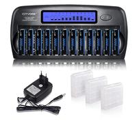 CITYORK Kit de cargador de batería LCD de 12 bahías para pilas AA AAA NI-MH NI-CD con 6 pilas AA de 3000 mAh y 6 pilas AAA de 1100 mAh recargables (fuente de alimentación)