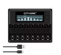 CITYORK LCD Smart Fast Charger 8 Slots - Compatible con Paquete de baterías AA AAA NiMH/NiCd - Funciones de Carga, Descarga, actualización y Prueba de Voltaje