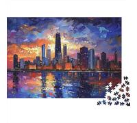 Cityscape Painting Colourful Sunset City Skyline 1000 Pieces Jigsaws Adults The Impossible Challenge Home Activity 70x50cm/1000pcs