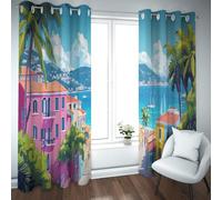 Ciudad Costera mediterránea Cortinas Opacas, Villa Rosa con patrón de Palmera, Cortinas térmicas para Ventanas, Palo de privacidad para Dormitorio 2 Paneles (W160xL245cm Cada uno)