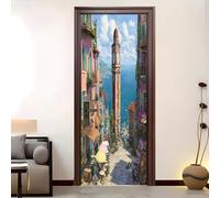 Ciudad Costera RomáNtica Vinilo Puerta Adhesivo Fotográfico 83x204 cm - Pegatina Mural Autoadhesiva Extraíble e Impermeable Azul Claro para Puerta, Salón, Cocina Calcomanía puerta Deco de pared (PVC)