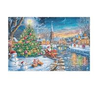 Ciudad de Navidad Nevada río Puente Festivo Vacaciones Puzzle 1000 Piezas Aliviar Estrés Profundo Rompecabezas Familiar para Hombres Y Mujeres Obra De Arte Decorativo Hogar 1000 PCS