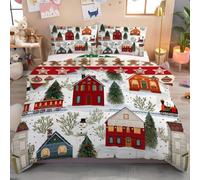 Ciudad Navideña Retro Juego De Ropa De Cama Infantil | Funda Nórdica Individual Tren De Invierno En El Bosque De 200X200Cm con Funda De Almohada, Lavable Suave Reversible, Blanco