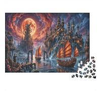 Ciudades gemelas SteampunkRompecabezas Premium De 1000 Piezas Cartón Puerto de la Luna Sangrienta Antistrés, Regalo Ideal para Tiempo Libre Y Hobby 70x50cm/1000pcs