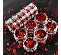 CIVIOOH 6 Cajas/Set de Lentejuelas Brillantes Rojas en Forma de corazón para uñas, Polvos Mixtos, Accesorios para decoración de uñas DIY