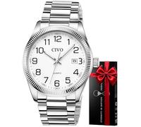 CIVO Reloj Hombre Fácil de Leer: Acero Inoxidable Plateado Analógico Esfera Grande Blanco Impermeable - Regalo para Personas Mayores con Discapacidad Visual