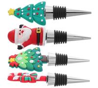 CIYODO 4 Piezas Tapones para Botellas de Vino Navidad Unidades Decorativos con Diseño de Papá Noel Árbol y Bastón de Reutilizables con Tapa de Selladores de Acero Inoxidable para Fiestas