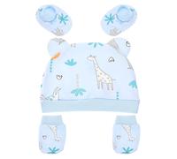 CIYODO Conjunto de gorro y calcetines de algodón para recién nacidos 3 piezas con mitones para higiene y abrigo en hospital diseño jirafa azul