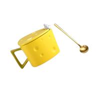 CIYODO Taza de Cerámica Amarilla Tapa y Cuchara Dorada Juego de 2 Piezas para Café y Leche Recipiente Pequeño para Bebidas Calientes y Frías Adecuado para Cocina y Reuniones