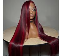 CIYOO Peluca de cabello humano color rojo borgoña con reflejos, densidad del 200 %, 13 x 6 pulgadas, pelucas de cabello humano lacio con encaje frontal transparente HD sin pegamento, peluca frontal