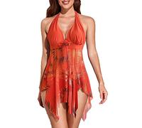 CIZEUR Mujer Traje de Baño Tankini Hálter Falda Push Up Bañador Conjunto Cintura Alta Talla Grande 2XL Orange-2