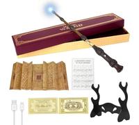 CJBIN Varita de Elderstab con luz, 39 cm Dumbledore varita brillante, carga USB, varita mágica Dumbledore en caja de regalo con tarjeta, tarjeta de estación, mapa y soporte