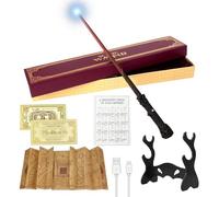 CJBIN Varita mágica de Harry con luz, 39 cm HPotter brillante, carga USB, Harry Wand en caja de regalo con tarjeta, tarjeta de estación, mapa y soporte