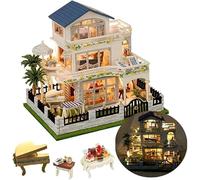 Cjeuxnr Juego de casa de muñecas en miniatura, edificio de tres pisos con iluminación LED, tema navideño, kit de manualidades para adultos