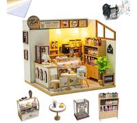 Cjeuxnr Kit de casa en miniatura para bricolaje, modelos de casa de té y tienda de flores con luz LED, juego de construcción de casa de muñecas de madera, proyecto de manualidades para adultos, tema