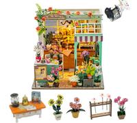 Cjeuxnr Kit de casa en miniatura para bricolaje, modelos de casa de té y tienda de flores con luz LED, juego de construcción de casa de muñecas de madera, proyecto de manualidades para adultos, tema