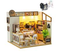 Cjeuxnr Kit de casa en miniatura para bricolaje, modelos de casa de té y tienda de flores con luz LED, juego de construcción de casa de muñecas de madera, proyecto de manualidades para adultos, tema