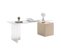 CJHFR472SG Moderno Escritorio Moderno for Oficina en casa con Dos cajones, Toma de Corriente, Tablero losa Roca y Patas acrílico Mesas para Ordenador(Gold,S)