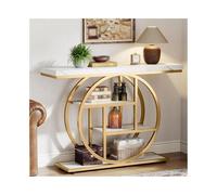 CJHFR472SG Multifuncional Mesa Consola, Mesa de Entrada con Base Circular, mesas con estantes de Almacenamiento for Sala de Estar Detrás del sofá(White Gold)