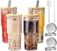 CJWLKJ Juego de 4 vasos de vidrio, vasos Boba reutilizables de 24 onzas con tapas de bambú y popotes y 4 tapas herméticas, vasos de boca ancha, vasos de café helado para té de burbujas, batido, regalo