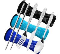 CKANDAY 3 Paquetes / 12 Piezas Juego de Cubiertos de Acero Inoxidable, Cuchillo Tenedor Cuchara Palillos con Estuche Transporte Cubertería a Prueba de Herrumbre para Viajar-Negro/Azul/Azul Claro