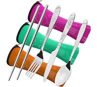 CKANDAY 3 Paquetes / 12 Piezas Juego de Cubiertos de Acero Inoxidable, Cuchillo Tenedor Cuchara Palillos con Estuche de Transporte Cubertería a Prueba de Herrumbre para Viajar -Rojo/Verde/Naranja