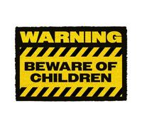 CKB LTD Felpudo con texto en inglés "Warning Beware of Children", diseño de broma, para niños en la parte delantera y trasera, hecho con fibra de coco antideslizante para interiores y exteriores
