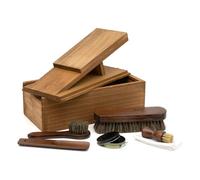 CKB LTD Kit de cuidado de zapatos - Juego portátil de brillo para zapatos de cuero en caja de madera con regalo, cepillo aplicador, cepillos de pulido, pincel, estribo, betún negro y paño de limpieza