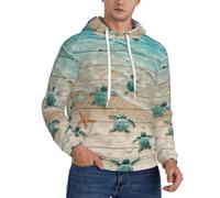 CKGODGF Sudadera de forro polar con estampado de tortuga marina y estrella de mar para hombre, sudadera cálida de invierno, sudadera con capucha de moda, Negro, XXL