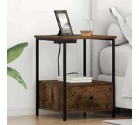 CKioict Mesa de Noche con Estación de Carga y Cajón de Almacenamiento - Mueble Moderno de Madera Texturizada y Marco de Acero Robusto para Dormitorio y Organización de Dispositivos
