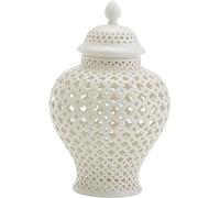 CKNMEERSA Tarro tradicional con tapa, jarrón decorativo tallado en celosía, tarros de cerámica, tarro de templo, tarro de farol perforado, artesanía para decoración del hogar (blanco)