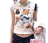 CKurityn Cute Cat Puppy Print Tees for Women Y2k Tops Y2k Clothes Y2k Clothing Aesthetic Tops Aesthetic Clothes