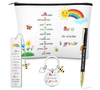 Clabby Set de 4 Piezas Regalos de Fin Año para Maestra Bolsa de Maquillaje Marcapáginas Merci de M'aider À Grandi Llavero Bolígrafo Regalo Personalizado para Profesora Escuela(Maitresse)