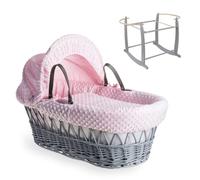 Clair de Lune Cesta de Mimbre Gris hoyuelos y Soporte Mecedora de Lujo Gris | Paquete de Cesta de moisés | Rosa