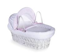 Clair de Lune - moisés con cesta de mimbre, estrellas y rayas, color blanco, con ropa de cama, colchón y capucha ajustable (rosa)