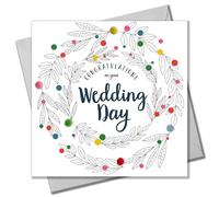 Claire Giles Greeting Cards, Tarjeta de boda, tarjeta de felicitación de boda, diseño floral y adornada con pompones de colores