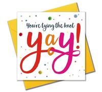 Claire Giles Greeting Cards, Tarjeta de compromiso de boda, atando el nudo Yay! adornada con pompones de colores