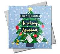 Claire Giles Tarjeta de Navidad, asistente de enseñanza, árbol de Navidad, texto laminado en oro brillante