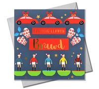 Claire Giles Tarjeta de Navidad galesa, Brawd, Brother Subuteo & Cars, texto laminado en oro brillante