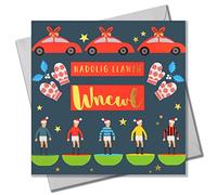 Claire Giles Tarjeta de Navidad galesa, Wncwl, tío Subuteo & Cars, texto laminado en oro brillante
