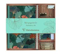 Clairefontaine 116247C - Un Kit de Papeterie contenant un Carnet 11x17 cm 64 Pages Lignées, un Crayon de Papier, 2 Pinces doubles-clip, 10 Trombones et une Gomme - Collection Gaïa bleu
