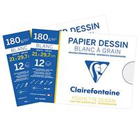 Clairefontaine 196155AMZC - Lot de 2 - Pochette Dessin Scolaire - 12 Feuilles Papier Dessin Blanc à Grain - A4 21x29,7 cm 180g - Idéal pour les Arts Plastiques