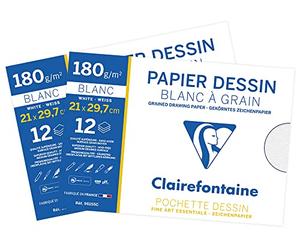 Clairefontaine 196155AMZC - Lot de 2 - Pochette Dessin Scolaire - 12 Feuilles Papier Dessin Blanc à Grain - A4 21x29,7 cm 180g - Idéal pour les Arts Plastiques