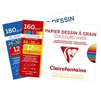 Clairefontaine 196178AMZC - Lot de 2 - Pochette Dessin Scolaire - 15 Feuilles (12+3 gratuites) Papier Dessin à Grain Couleurs Vives Assorties - 24x32 cm 160g - Idéal pour les Arts Plastiques