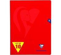 Clairefontaine 333311C - Un paquet de 10 cahiers piqués Mimesys 48 pages 24x32 cm 90g grands carreaux, couverture polypro (plastique), Rouge