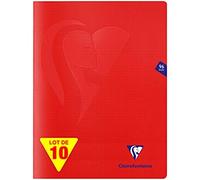 Clairefontaine 333362C - Un paquet de 10 cahiers piqués Mimesys 96 pages 24x32 cm 90g petits carreaux, couverture polypro (plastique), Rouge